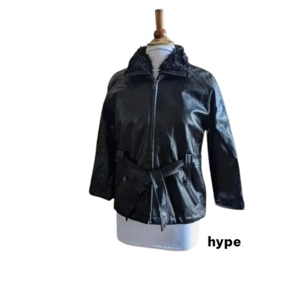 hype faux leather belted jacket w/ faux fur collar    Sz M - Picture 1 of 15